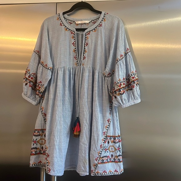 Zara Boho Mini Dress Blue and White Striped Embroidered size Small - Picture 3 of 12